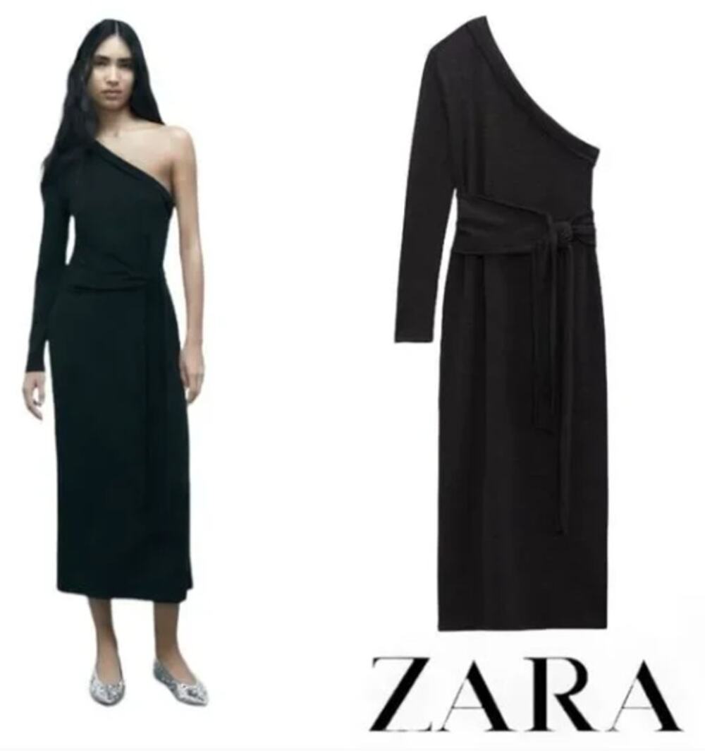 Zara Black Knit Asymmetric One Shoulder MidiTie Waist Dress with Size Large